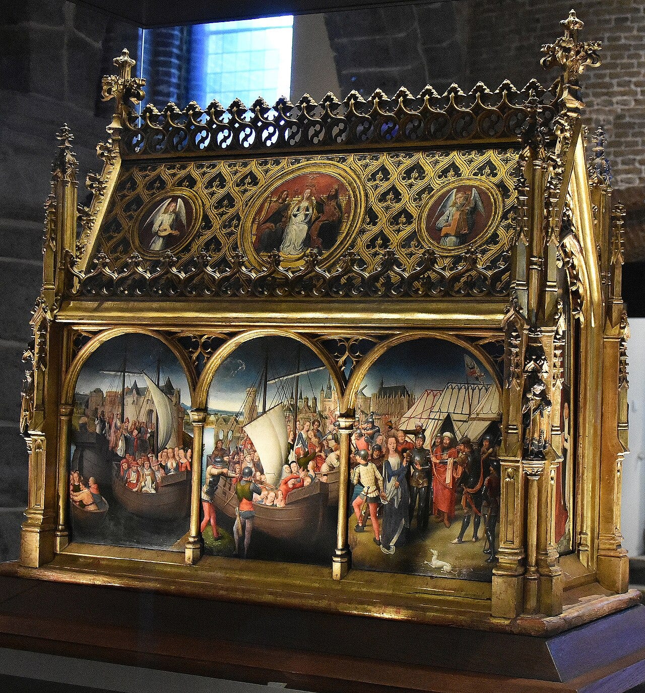 Shrine of Saint Ursula by Memling, a gilded reliquary shaped like a Gothic chapel Shrine of Saint Ursula by Memling, a gilded reliquary shaped like a Gothic chapel