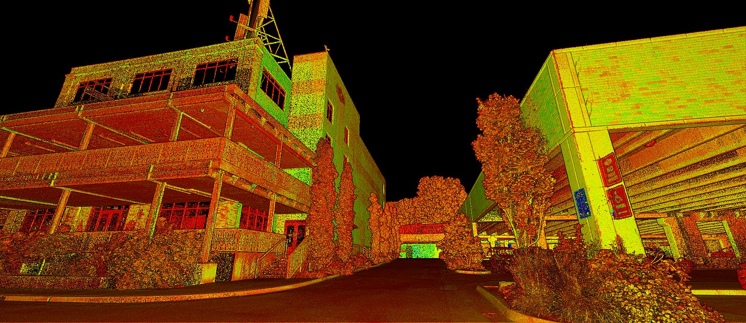 Colorized laser scan point cloud of the Boulevard brewery and deck structure, rendering the buildings, trees, and driveway as millions of measured data points. Colorized laser scan point cloud of the Boulevard brewery and deck structure, rendering the buildings, trees, and driveway as millions of measured data points.