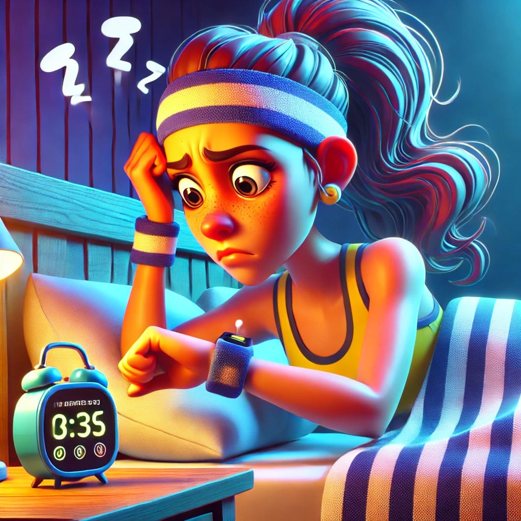 A colorful, exaggerated cartoon-style illustration of a female athlete lying in bed at night. She wears a sweatband and sports attire, looking stressed as she checks her wrist fitness tracker. Her expression is exaggerated with wide eyes and sweat drops, and she appears frustrated about her sleep tracking. The bedroom background features a simple setting with a bedside table, an alarm clock, and a dim night lamp. The art style is bright, playful, and highly detailed, similar to modern 3D-rendered cartoon illustrations.