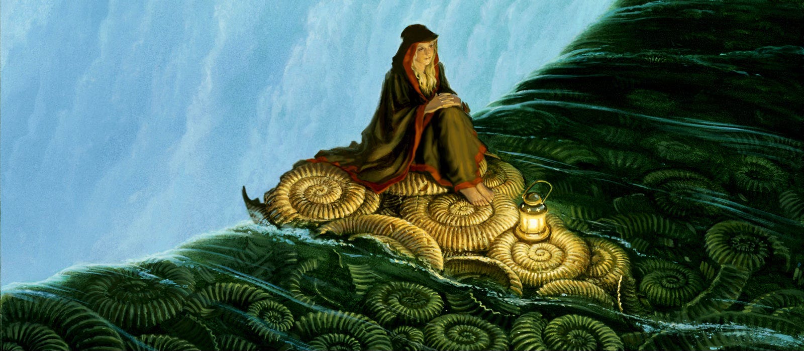With knees up and hands folded over them, a woman in hooded robes, black trimmed in red, sits with her back to the edge of a massive waterfall. A lantern set at her feet illuminates the raised wedge of ammonite fossils upon which she sits. More are visible beneath the surface of green water flowing around her little island. The massive scale of the falls can be seen as the cliff's edge retreats to reveal a crescent of frothing cascade. With knees up and hands folded over them, a woman in hooded robes, black trimmed in red, sits with her back to the edge of a massive waterfall. A lantern set at her feet illuminates the raised wedge of ammonite fossils upon which she sits. More are visible beneath the surface of green water flowing around her little island. The massive scale of the falls can be seen as the cliff's edge retreats to reveal a crescent of frothing cascade.