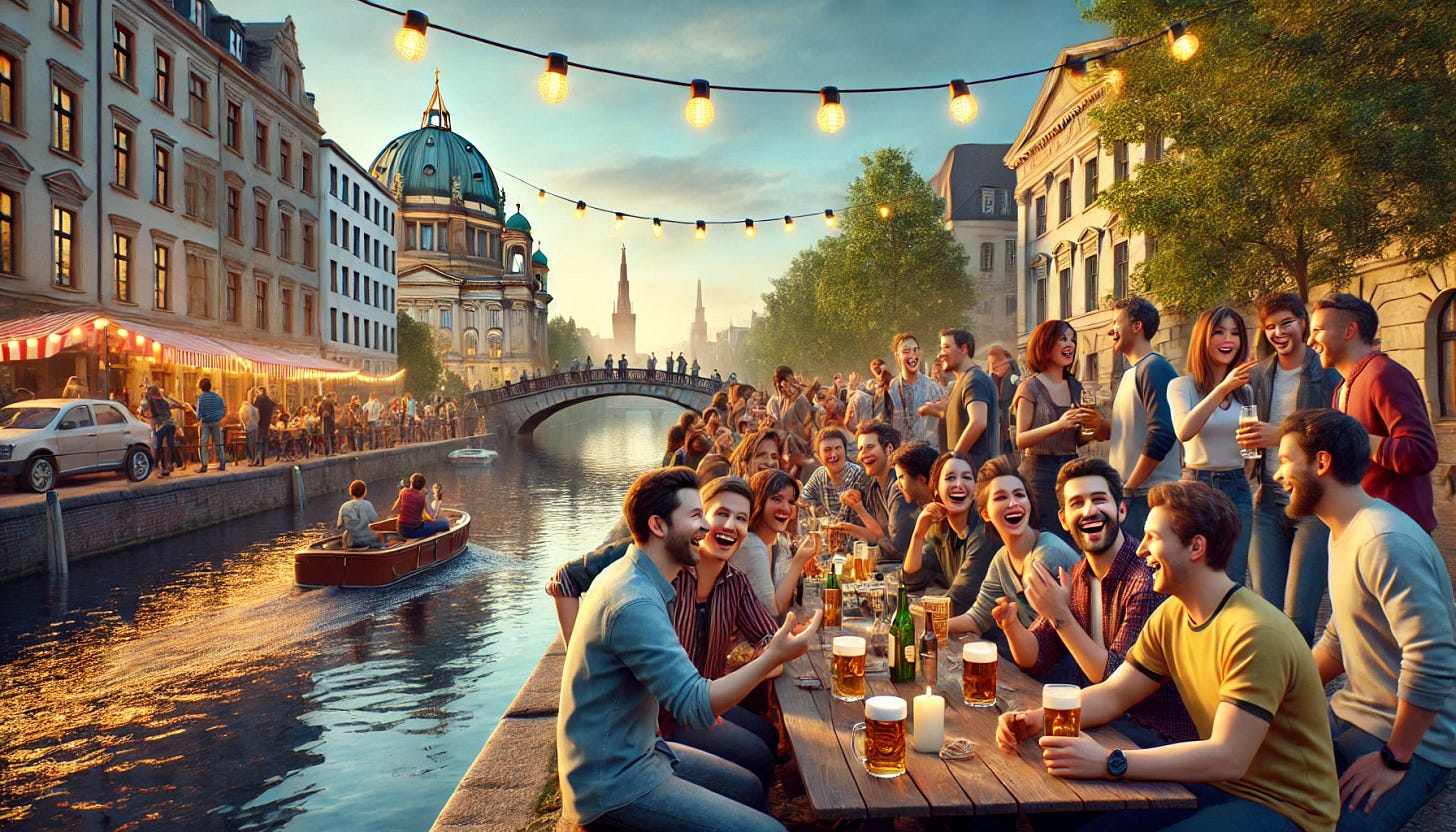 A photorealistic image of fans of the podcast 'Blocked and Reported' getting together and having a great evening by a canal in Berlin. The scene shows a group of diverse people, laughing and talking, some holding drinks, with the beautiful canal and historic Berlin architecture in the background. The evening light casts a warm glow over the scene, reflecting off the water. There are string lights hanging above, adding to the festive atmosphere. Trees line the canal, and the overall mood is lively and joyful.