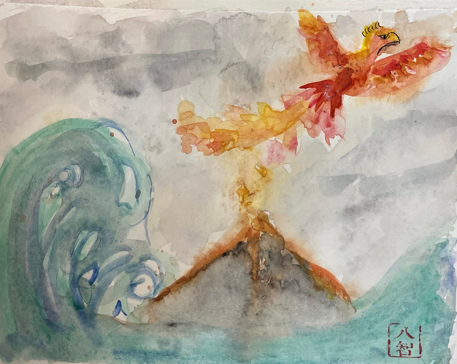 watercolor painting of an erupting volcano between waves cresting, and a phoenix with blazing tail flying above the volcano (with ink-edged beak, eyes, and crest)