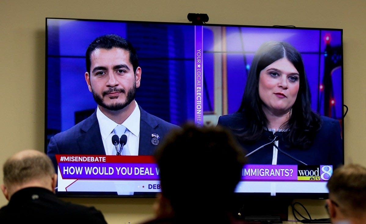 Michigan U.S. Senate candidates Abdul El-Sayed, left, and Rep. Haley Stevens (D-MI) shown during a debate. Michigan U.S. Senate candidates Abdul El-Sayed, left, and Rep. Haley Stevens (D-MI) shown during a debate.