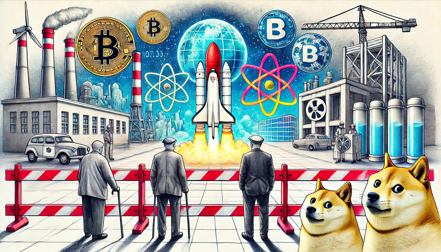 A surreal mixed-style artwork in watercolor and sketch. In the foreground, two elderly men in black-and-white sketch style stand observing a minimalist construction site with a red barrier in the middle. Behind the barrier, a detailed and vibrant futuristic scene unfolds in shades of blue, featuring a rocket, cryptocurrency symbols, a DOGE meme dog, and a nuclear reactor. The futuristic elements are rendered with intricate details to create a vivid contrast with the simplistic sketch foreground and the minimalist construction site. The red barrier acts as a stark divider between the old and the future.