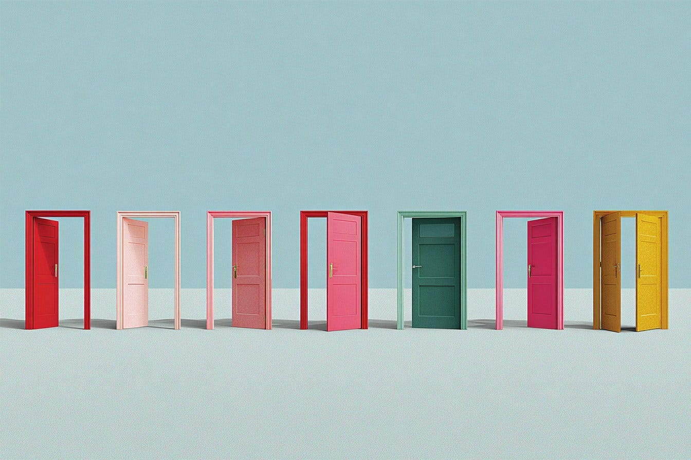 illustration of multiple opened doors in different colors