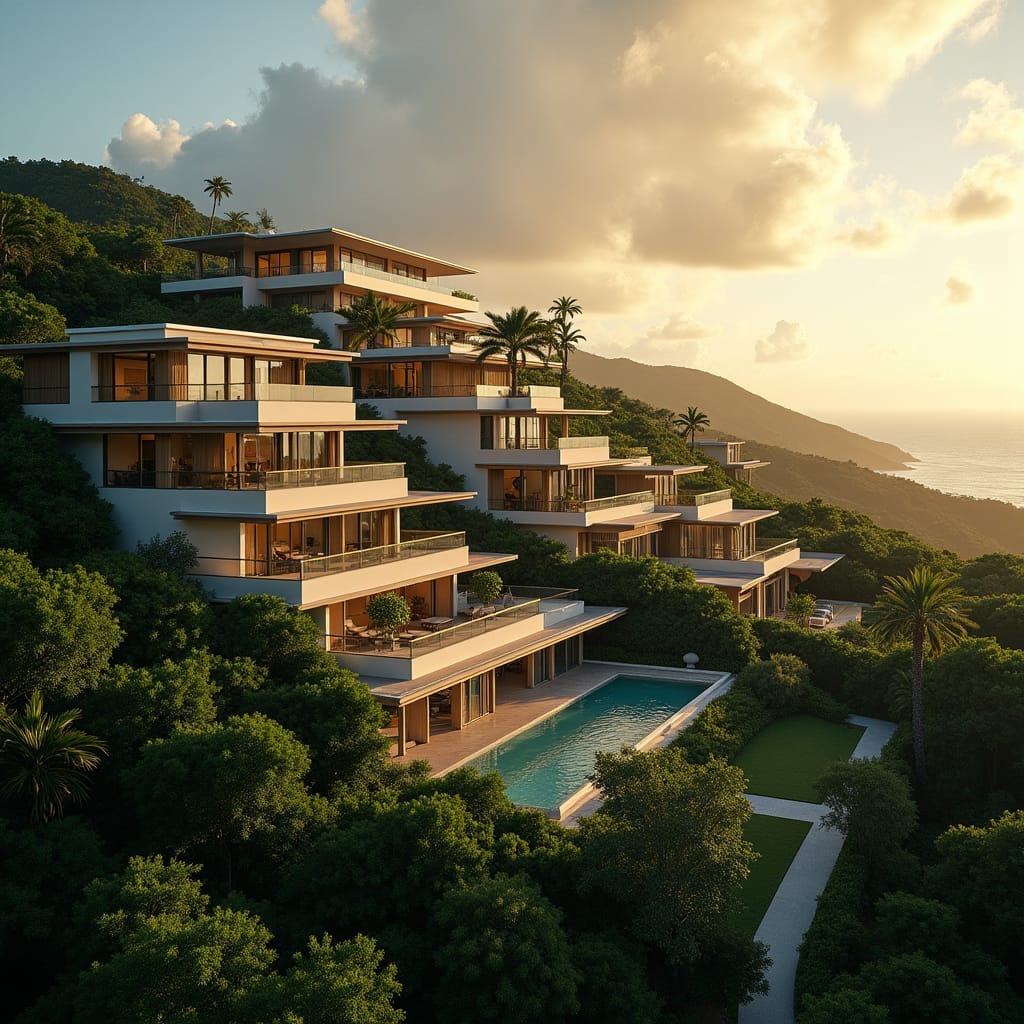 Elegant, modern vacation homes nestled in lush Jamaican hills, bathed in warm, golden cinematic lighting, with subtle film grain and vignette, evoking a sense of nostalgia and luxury