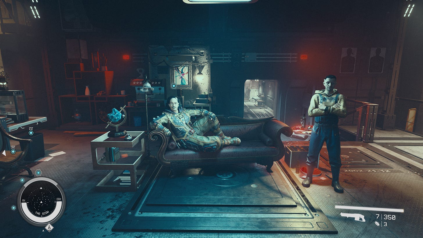 An eccentrically-dressed man is lying on a chaise lounge. A bodyguard stands next to him.