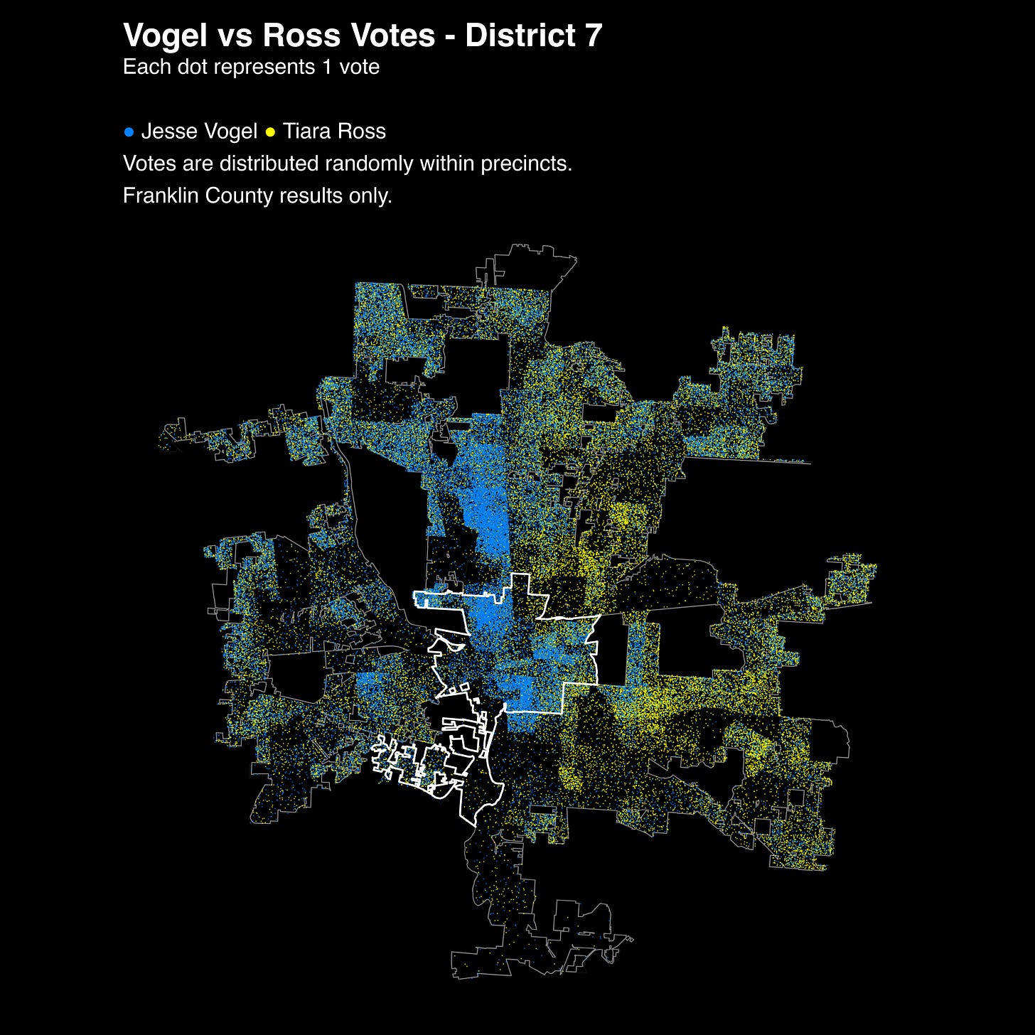 A map of Columbus showing a blue dot for each Vogel voter and a yellow dot for each Ross voter. There is a clear east-west split, but there is a high concentration of blue Vogel dots in the outlined ward that Ross will represent.