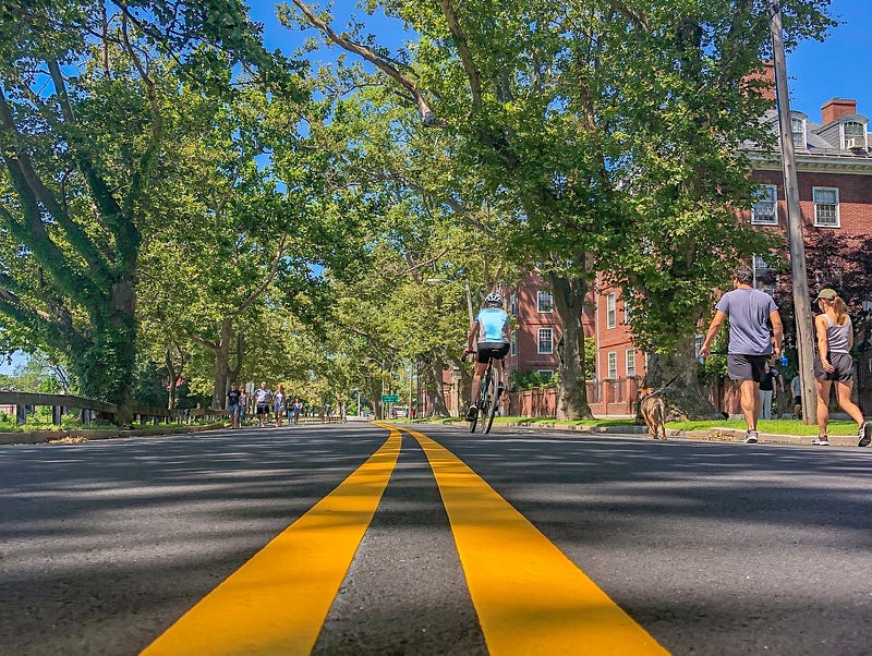 The middle of a road where pedistrians walk and bike.