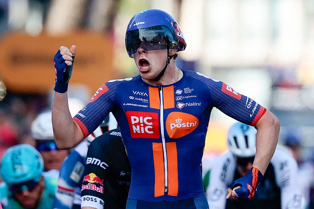 Team Picnic PostNL's Dutch rider Casper van Uden celebrates as he crosses the finish line as winner of stage 4 at the 2025 Giro d'Italia Team Picnic PostNL's Dutch rider Casper van Uden celebrates as he crosses the finish line as winner of stage 4 at the 2025 Giro d'Italia