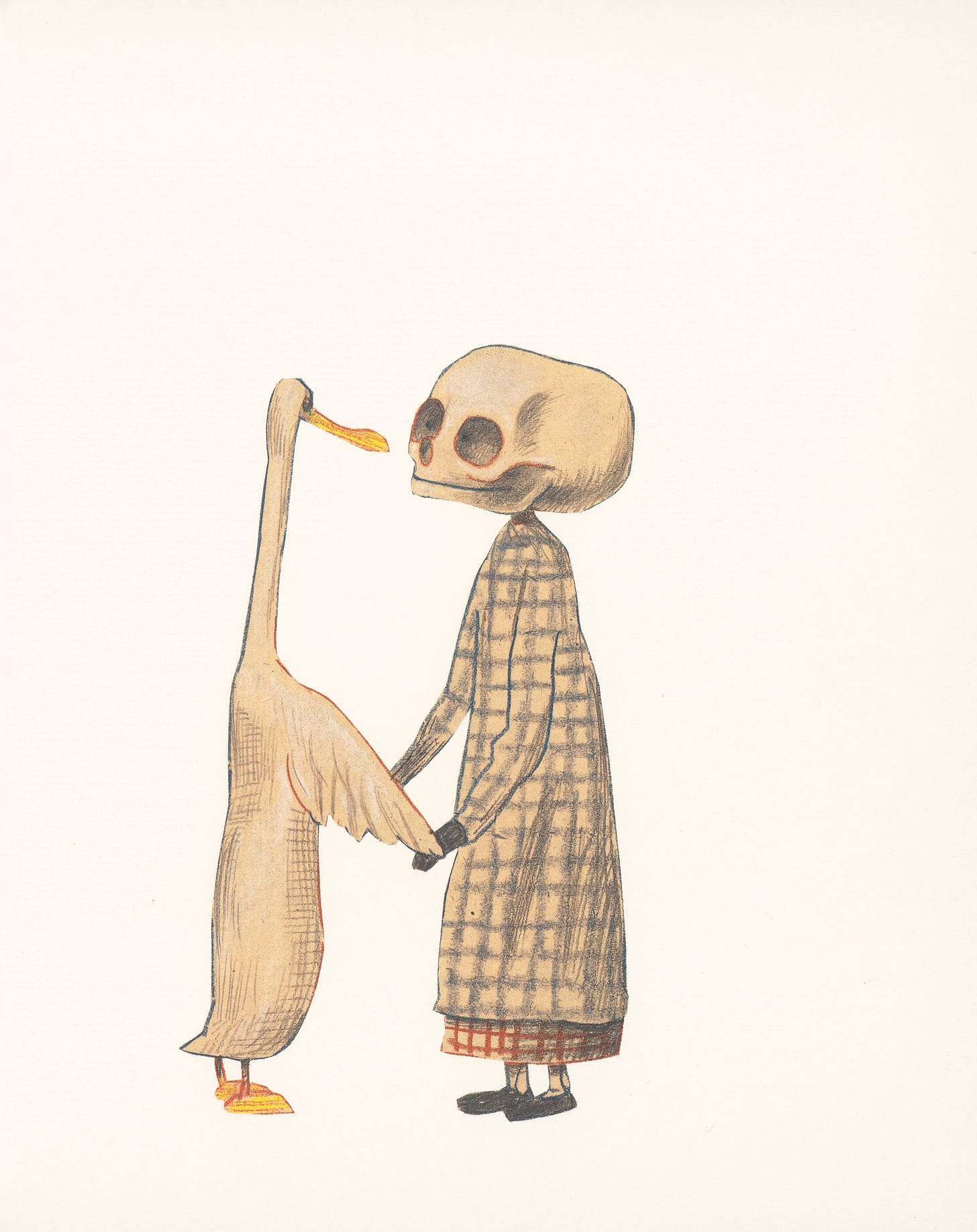 Illustrazione di Wolf Erlbruch dal libro "L'anatra, la morte e il tulipano". La figura della Morte, rappresentata come uno scheletro sorridente con una vestaglia a quadri lunga fino alle caviglie, è in piedi e tiene per mano (o ala) un'anatra. L'anatra guarda verso l'alto la figura scheletrica. Entrambi i personaggi sono disegnati con tratti minimalisti su uno sfondo bianco pulito.