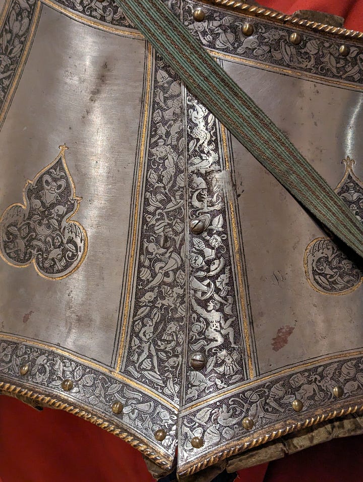 Armor for man and horse, steel and copper alloy with gilding, leather, and textile