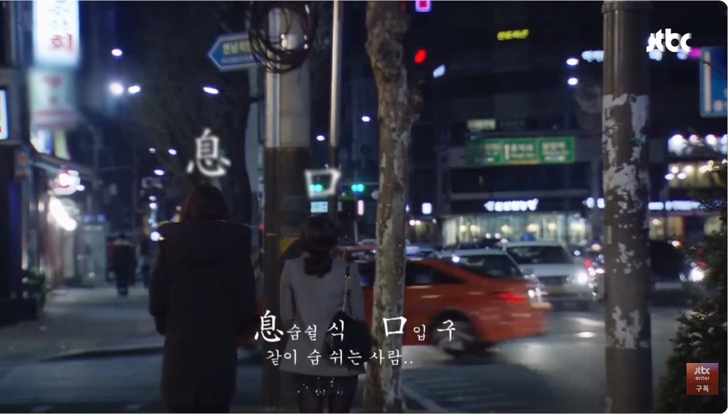Screenshot from the JTBC sitcom Living in Cheongdam-dong. Two people are seen from behind walking on a city sidewalk at night, with car lights, storefronts, and street signs blurred in the background. White Korean text appears over the image, explaining the meaning of sikgu through Chinese characters and describing it as someone who shares life or breath with you. The scene visually suggests a quiet moment of acceptance, as a person once treated as outside the household is recognized as part of the family-like circle.
