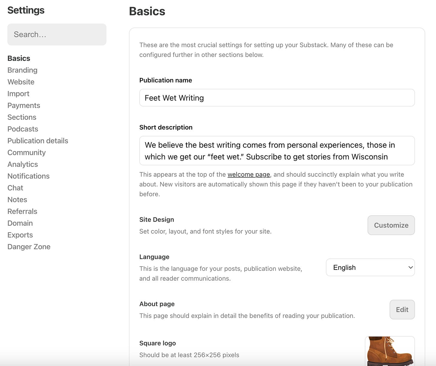 Screenshot of the Substack Publication setting basics menu Screenshot of the Substack Publication setting basics menu