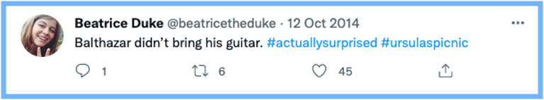 Bea Tweets: Balthazar didn't bring his guitar. #actuallysurprised #ursulaspicnic