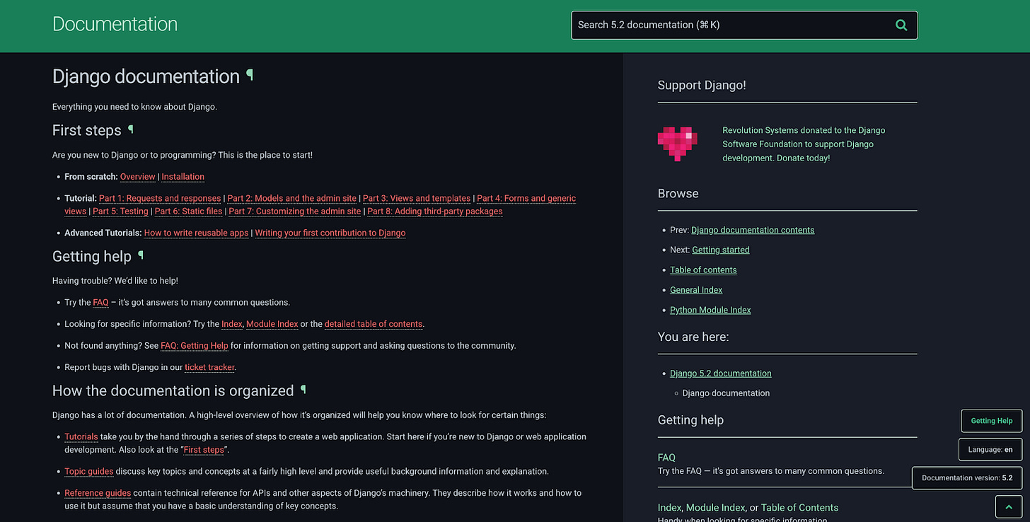 Django 5.2 documentation homepage with navigation links and support section
