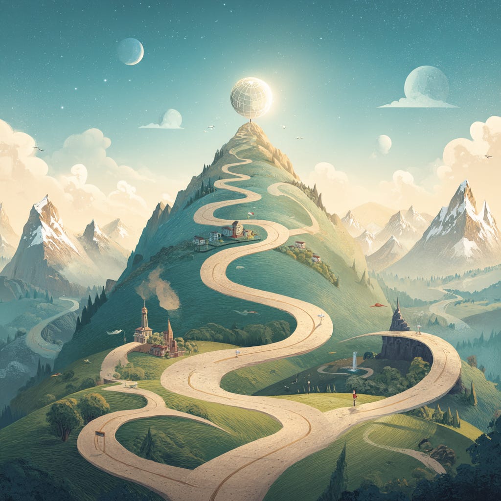 Uma estrada sinuosa subindo uma montanha com diversas bifurcações, representando a jornada de um engenheiro de software rumo a oportunidades internacionais. A trilha começa em cenário local na base, passa por paisagens em expansão no meio, e termina no topo com um globo brilhante simbolizando o trabalho remoto global. Uma estrada sinuosa subindo uma montanha com diversas bifurcações, representando a jornada de um engenheiro de software rumo a oportunidades internacionais. A trilha começa em cenário local na base, passa por paisagens em expansão no meio, e termina no topo com um globo brilhante simbolizando o trabalho remoto global.