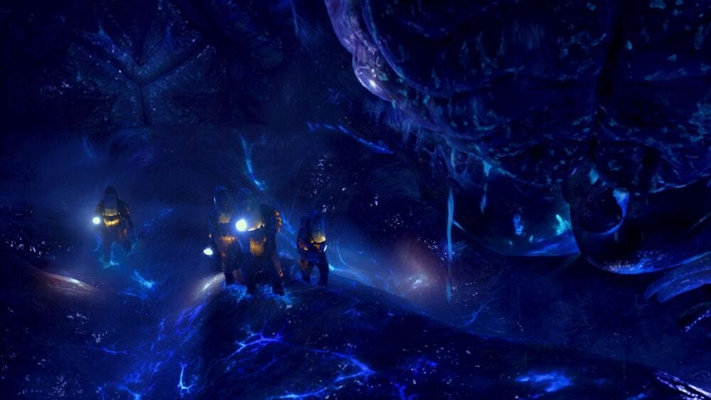 An image of kaiju organ harvests navigating the corpse of a massive kaiju monster