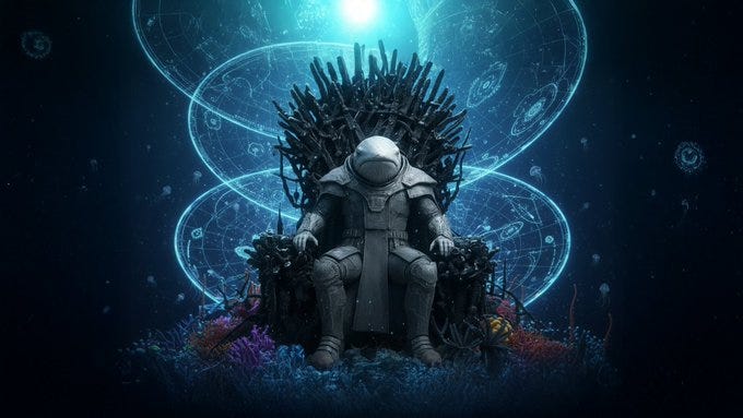 An astronaut in a spacesuit sitting on an ornate, spiky throne. The throne is surrounded by glowing blue holographic patterns and coral-like structures. The background features a dark, starry cosmic scene with swirling light effects.