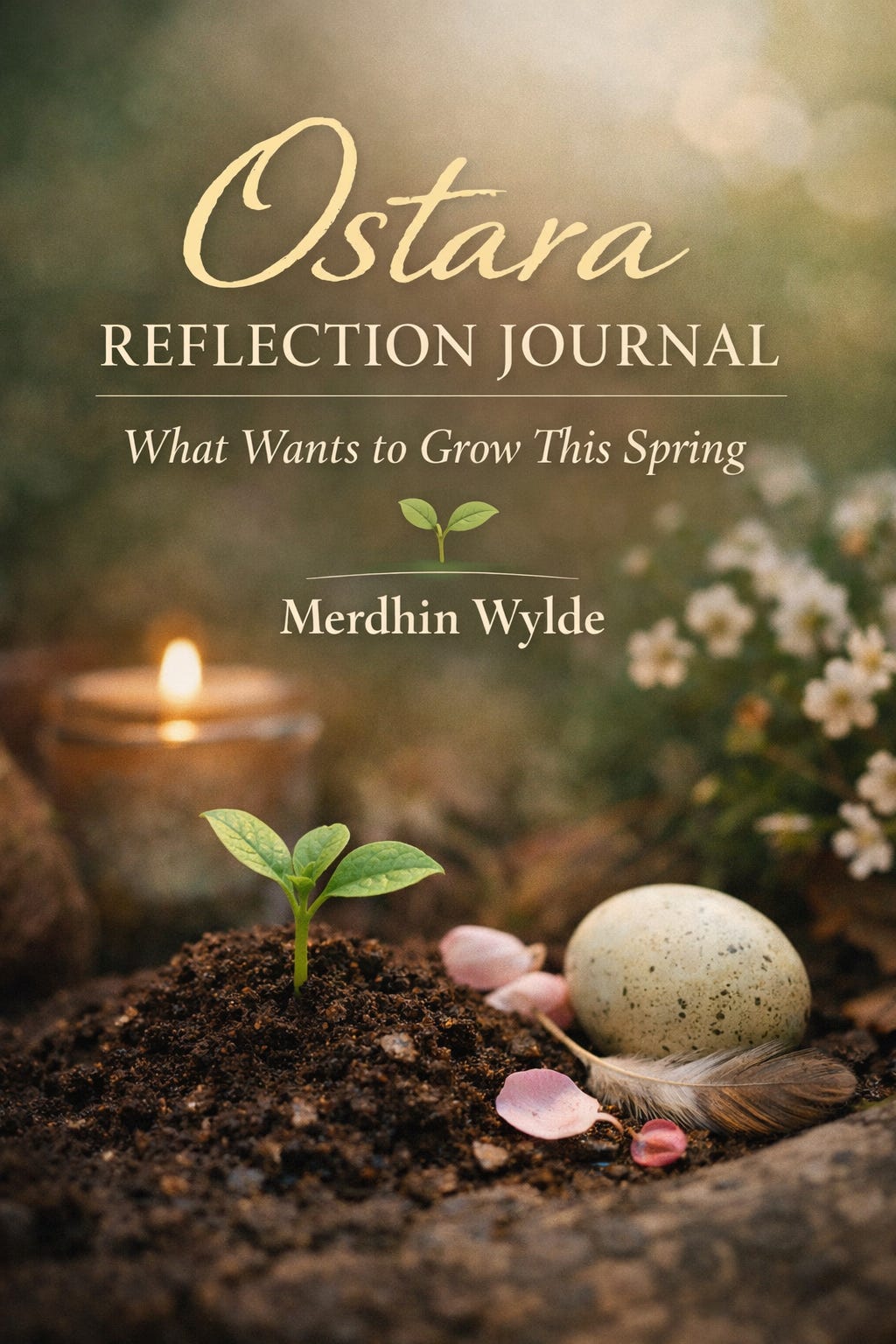 Cover image for “Ostara Reflection Journal: What Wants to Grow This Spring” by Merdhin Wylde. A small green seedling sprouts from rich dark soil beside a speckled egg, pink petals, and a soft feather, with a candle glowing in the background and white spring flowers softly blurred behind them. Warm gold and cream text overlays the image, creating a calm, earthy spring atmosphere.