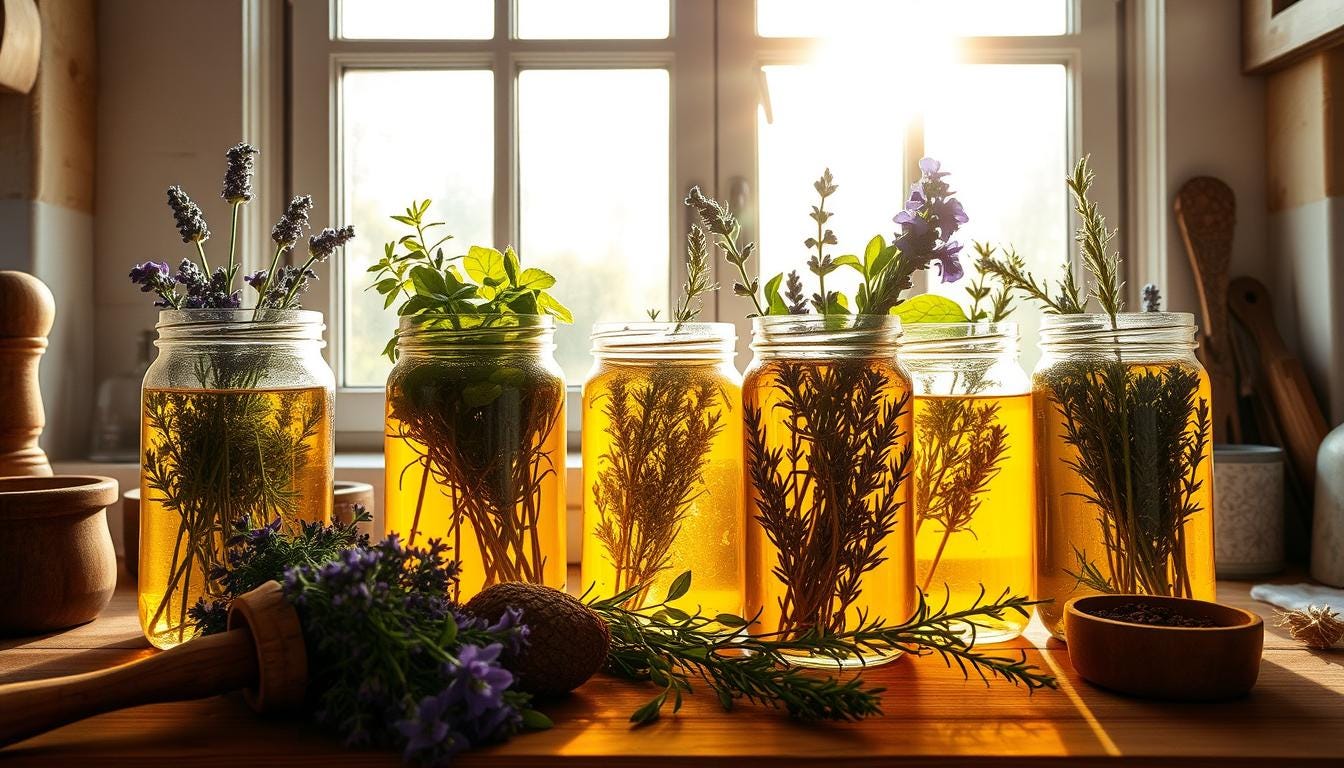 Various herbal infusions in glass jars, set in front of kitchen window.