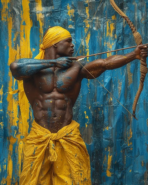 Handsome Muscular Yoruba warrior - king in Yellow - Blue regal robes bow - arrows abstract colorful backdrop in Studio, editorial photography --ar 4:5 --s 250 --v 6.0