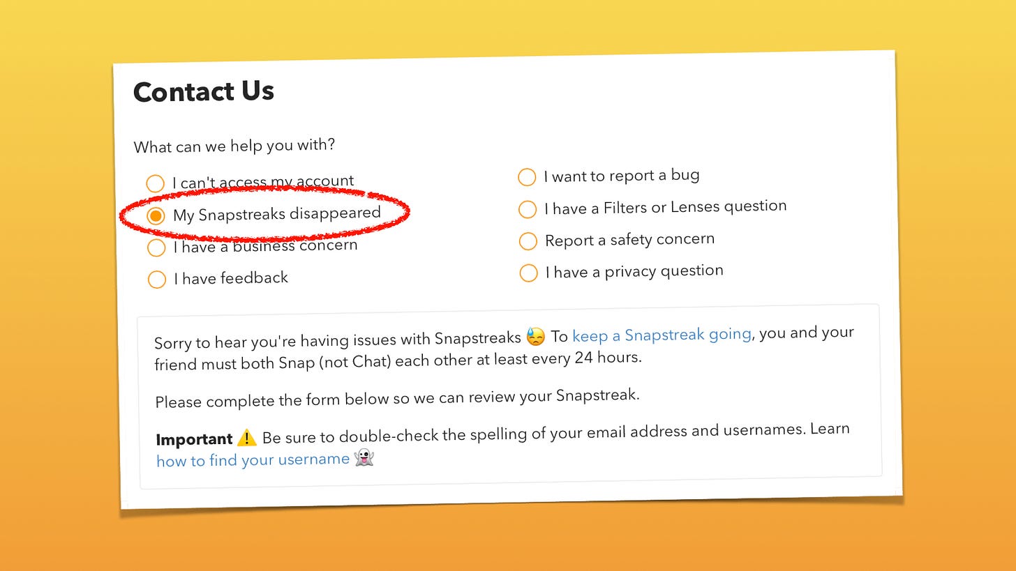 A screenshot of Snapchat's contact us page with snapstreaks highlighted as the third help option