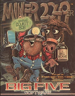 The title "Miner 2049er" are at the top with the publisher's name, "Big Five Software" at the bottom. The cartoon style artwork depicts a bearded miner wearing blue overalls, a red plaid shirt and an oversized hardhat with a mining lamp. He holds a pick axe while traveling into a mine shaft. The title "Miner 2049er" are at the top with the publisher's name, "Big Five Software" at the bottom. The cartoon style artwork depicts a bearded miner wearing blue overalls, a red plaid shirt and an oversized hardhat with a mining lamp. He holds a pick axe while traveling into a mine shaft.