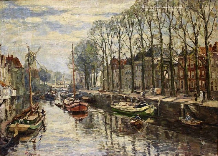 'Hollands grachtgezicht' - olieverf op doek: W.J. Dingemans (kavel 203 Venduehuis Den Haag)
