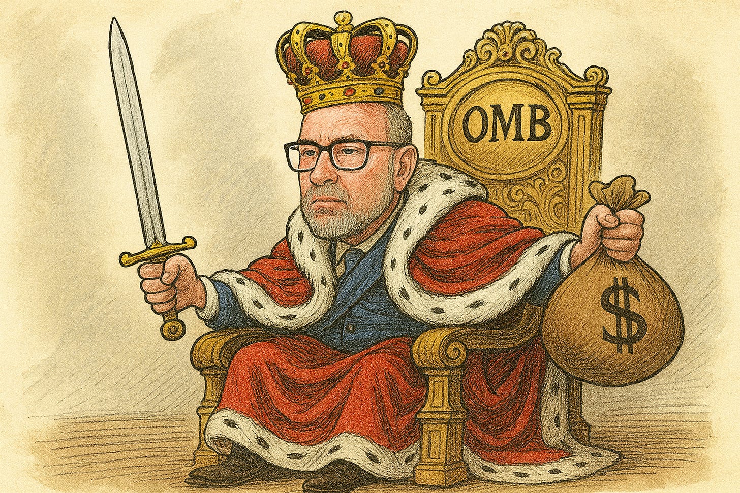 A cartoon of Russ Vought as king, holding a sword and carrying a bag of money