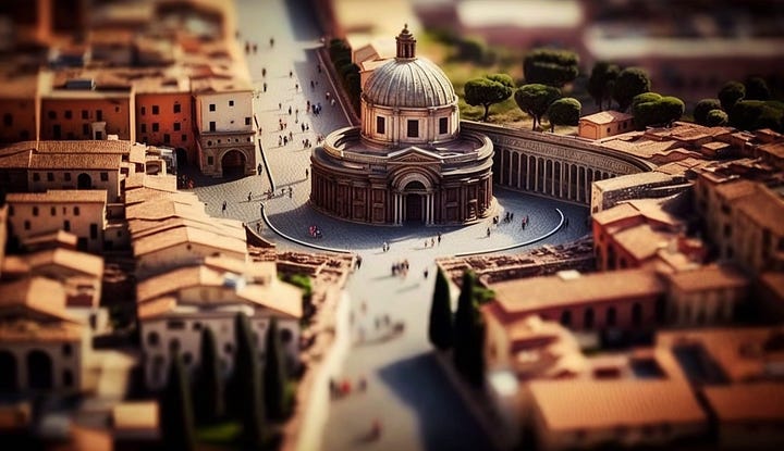 Midjourney prompt: all roads lead to rome during roman empire era tilt-shift photography