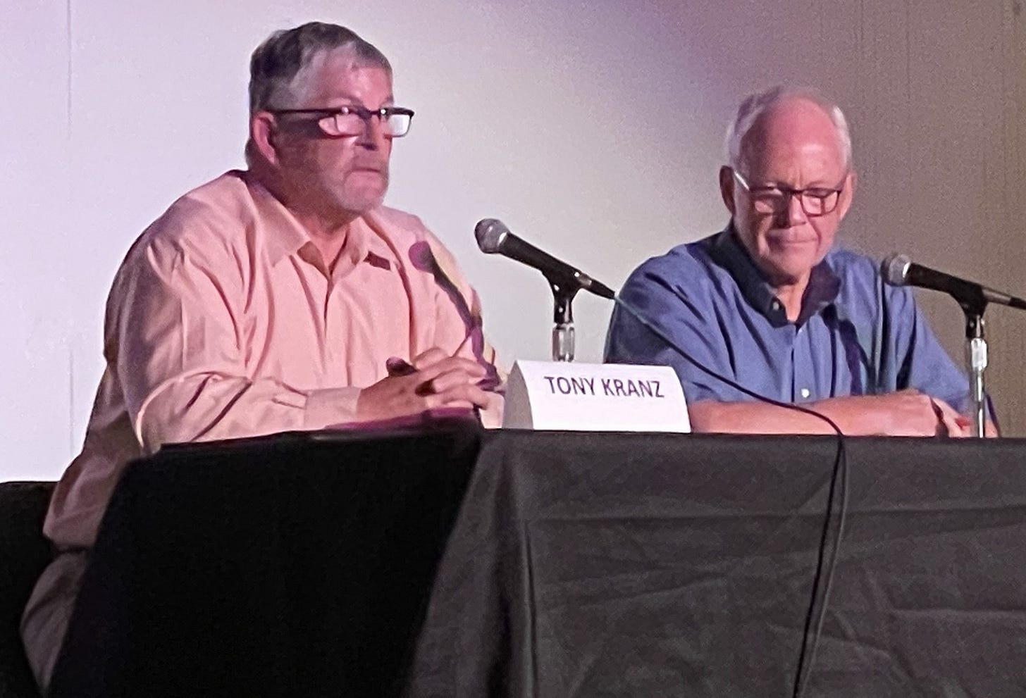 Encinitas Mayor Tony Kranz, left, and Councilman Bruce Ehlers participated in a debate on Monday at La Paloma Theatre. The two crafted topics together and participated in the debate in the lead-up to the Nov. 5 election. Steve Puterski photo