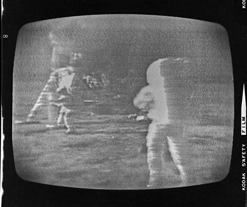 Photos off TV screen of Apollo 11 Moon landing, 1969