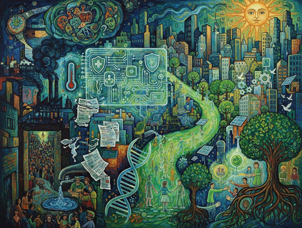 impressionistic graphic depicting a cityscape with nature, health, and technology interacting in a complex system.