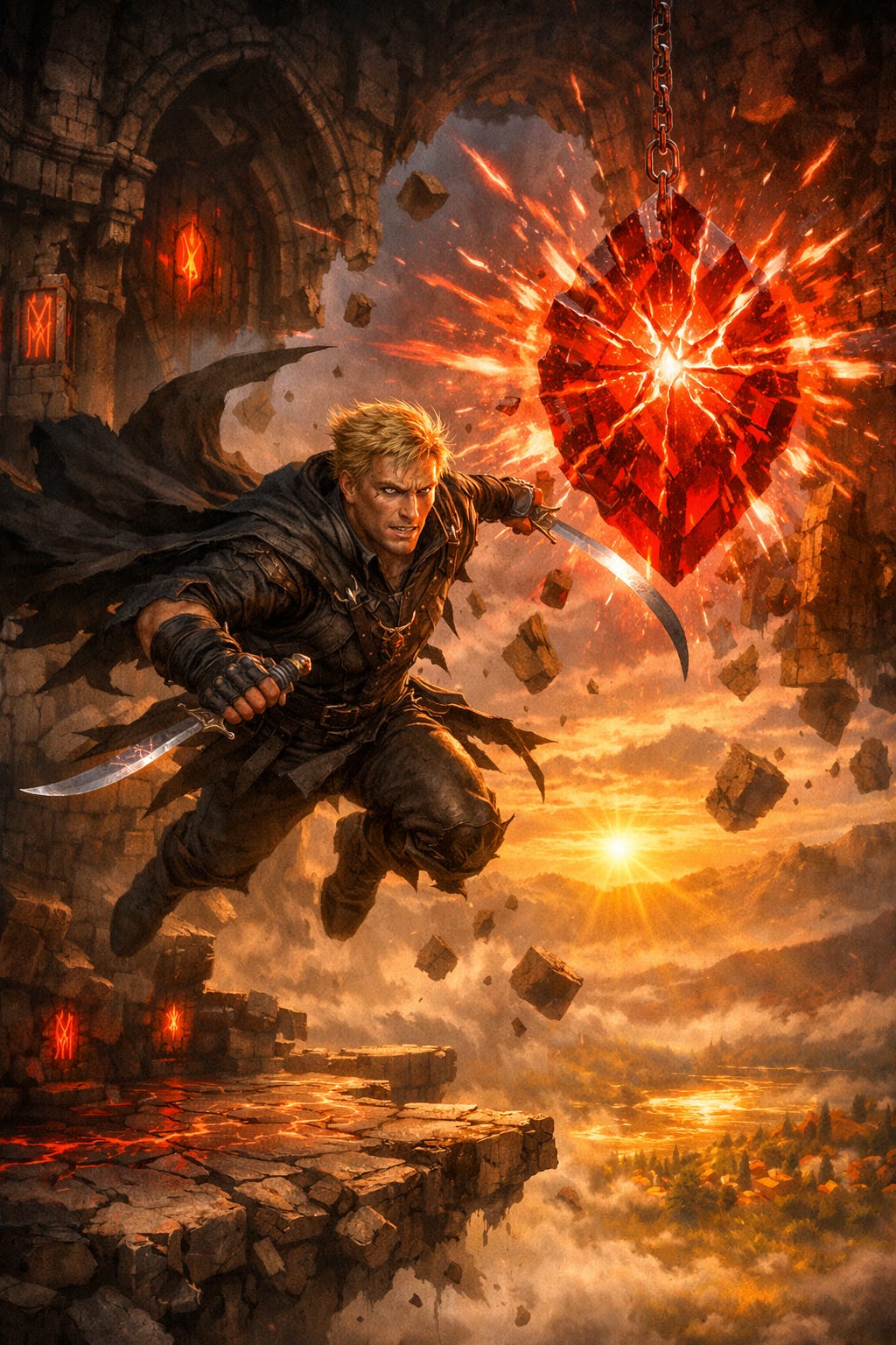 Greegan leaping toward the Heart of Sorrows sandy haired furtive rogue midair scimitars gleaming crimson light shattered tower runes flickering dawn mist gothic fantasy