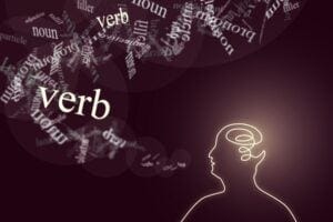 Illustration of a person and with the word verbs floating out of their mouth