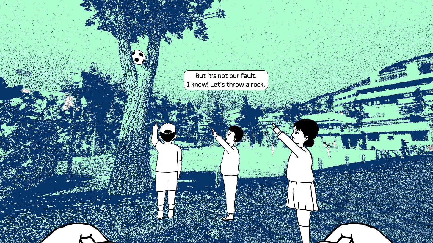 Three kids point at a soccer ball stuck in a tree. One has a plan to throw a rock. Three kids point at a soccer ball stuck in a tree. One has a plan to throw a rock.