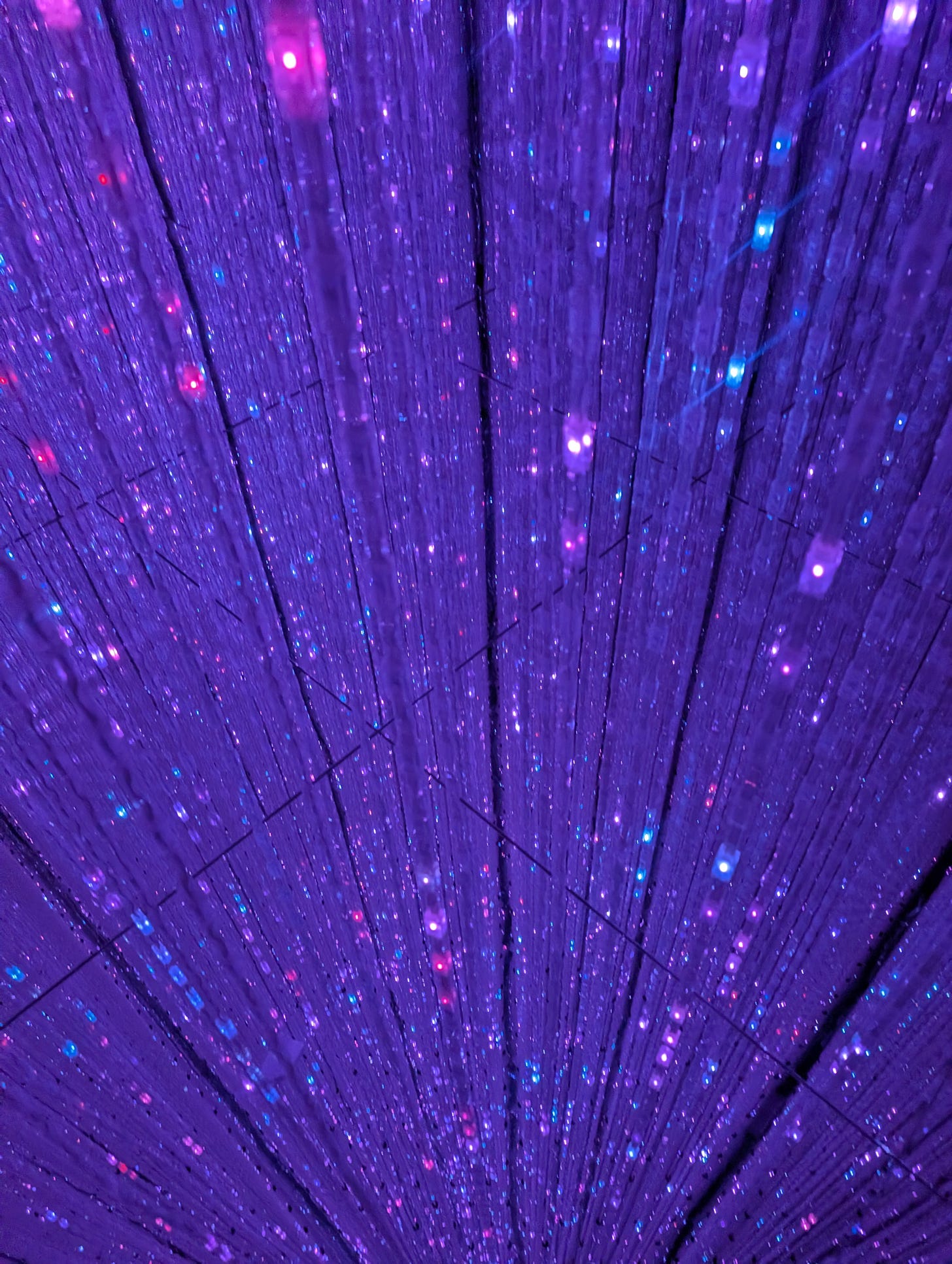 An immersive perspective looking up through dense strands of hanging purple and blue LED lights An immersive perspective looking up through dense strands of hanging purple and blue LED lights