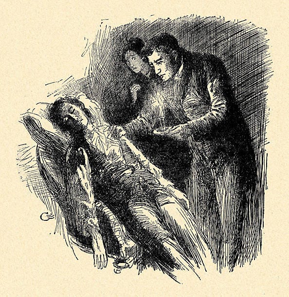Jane Eyre by Charlotte Brontë. Caption reads: 'Mr Rochester held the candle over him' . Charlotte Brontë, British novelist, 1816-1855. Illustrated by...