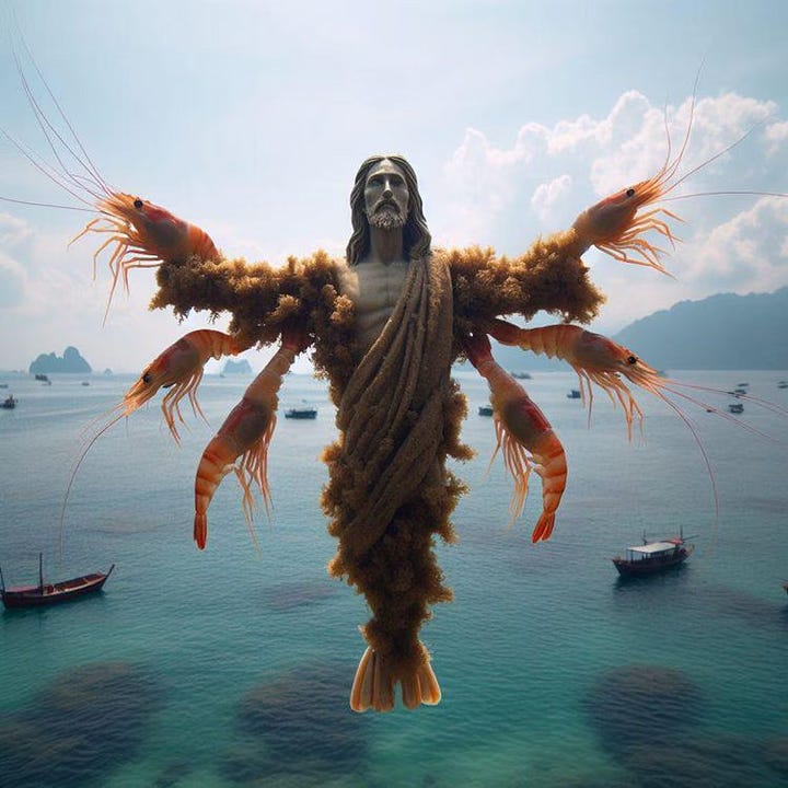 Multiple images of shrimp Jesus from across the internet