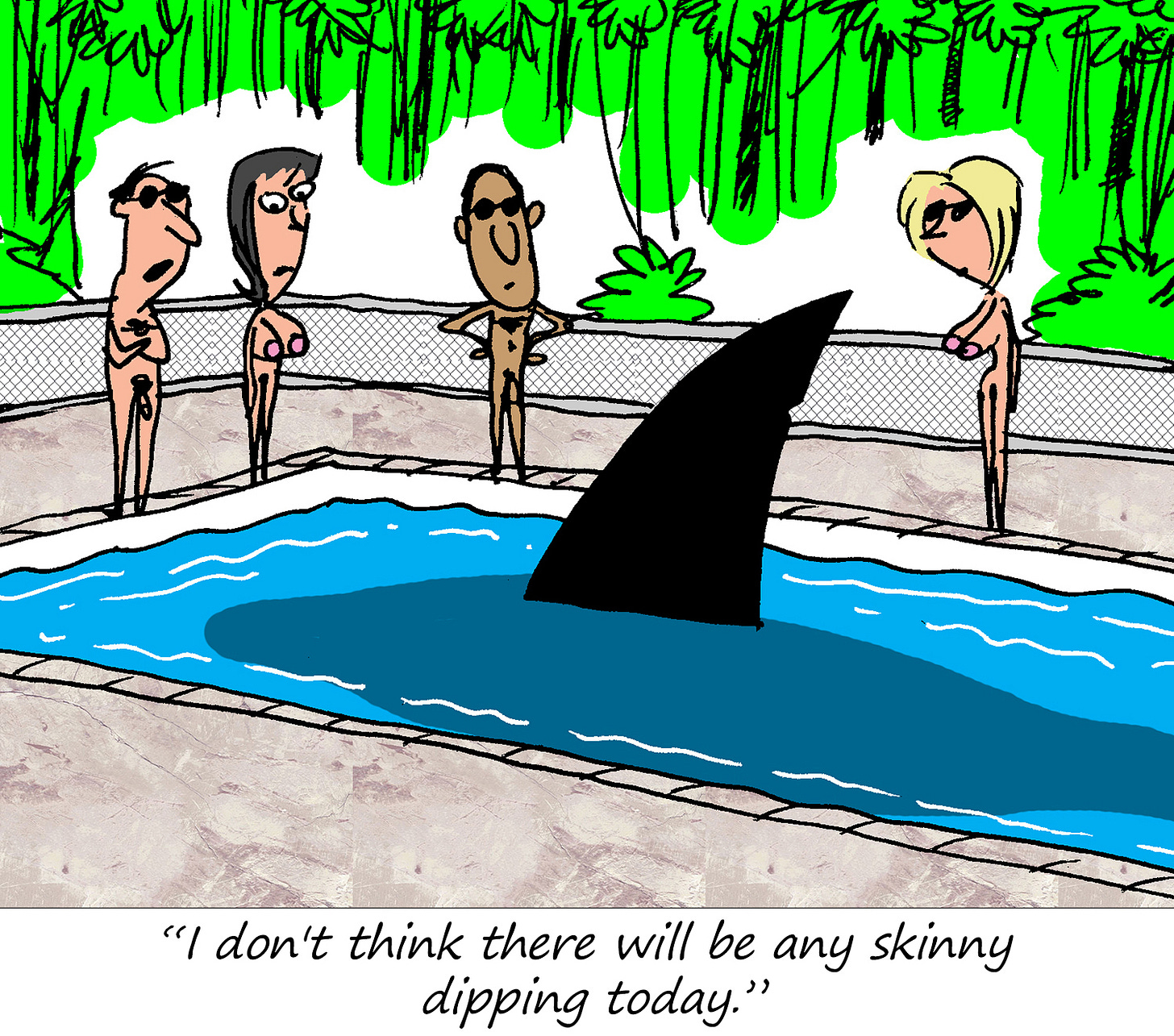 A cartoon shows four nude people standing around a swimming pool, staring at a large shark fin in the water. The caption at the bottom reads: “I don’t think there will be any skinny dipping today.”