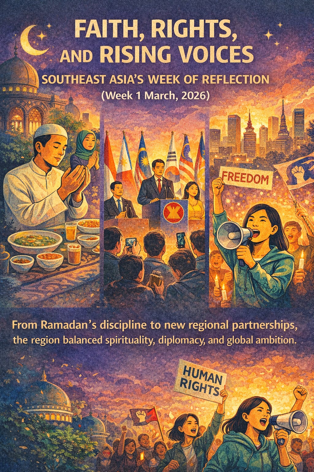 An illustrative poster, titled “FAITH, RIGHTS, AND RISING VOICES - SOUTHEAST ASIA'S WEEK OF REFLECTION (Week 1 March, 2026),” features three vertical panels. The left panel shows a Muslim family breaking their Ramadan fast with prayer and food. The middle panel depicts the ASEAN Summit, with leaders including Indonesia's Prabowo Subianto and the Philippines' Ferdinand Marcos Jr. addressing attendees. The right panel illustrates a large public protest, with people holding signs that read “FREEDOM” and “HUMAN RIGHTS.” Below these panels, text states, “From Ramadan’s discipline to new regional partnerships, the region balanced spirituality, diplomacy, and global ambition.” The bottom of the poster shows a crowd of people in front of a mosque at dusk, holding up more signs that say “HUMAN RIGHTS.”