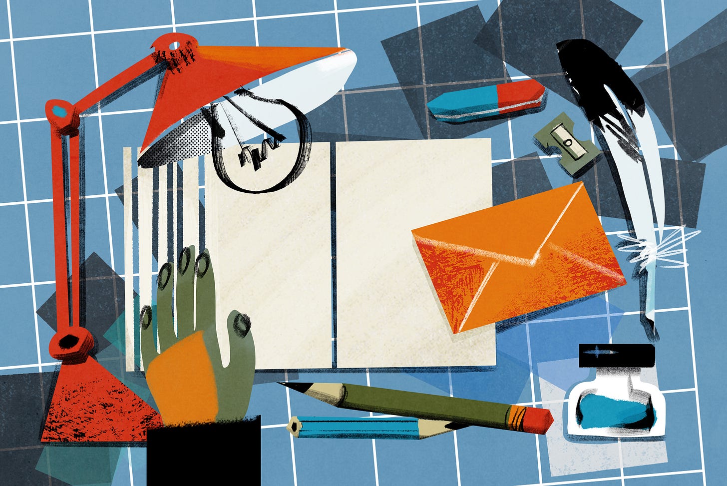 Illustration of a desk workspace viewed from above, showing a blank sheet of paper in the center surrounded by office supplies on a blue grid background. The scene includes an orange desk lamp in the top left, a hand holding a pencil from the left side, two other pencils, an orange envelope, a black bird (possibly a crow or raven) perched in the upper right, a small bottle, scissors, and what appears to be a stamp or small box. The illustration uses a stylized, textured art style with a limited color palette of blues, oranges, blacks, and grays.