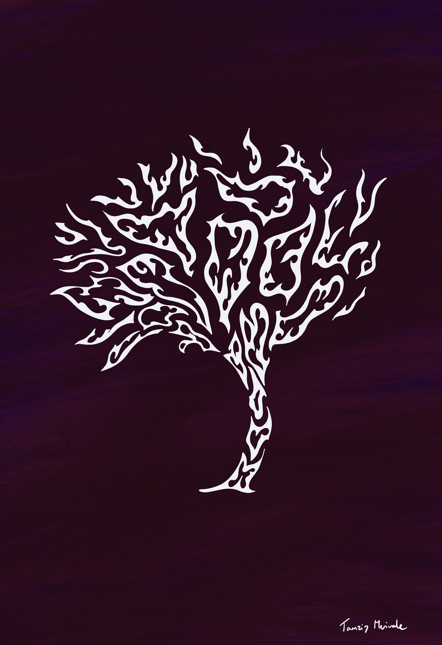 White illustrated tree in a pattern on dark purple background White illustrated tree in a pattern on dark purple background
