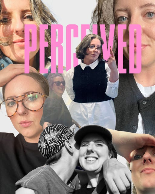 An image with several cut out photos of Stefanie who is a white woman with brunette/grey hair and blue eyes. the image contains the word PERCEIVED in capital letters within the top middle section of the image in a pink font An image with several cut out photos of Stefanie who is a white woman with brunette/grey hair and blue eyes. the image contains the word PERCEIVED in capital letters within the top middle section of the image in a pink font