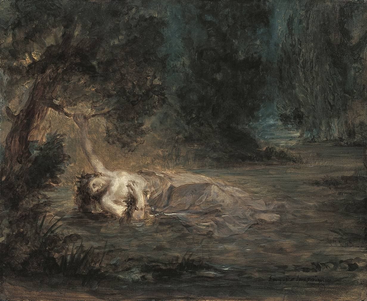 In a dark wooded stream, a half-undressed young woman slides into the water, one arm still holding a willow branch above her head, her pale body lit against brown and green shadows. In a dark wooded stream, a half-undressed young woman slides into the water, one arm still holding a willow branch above her head, her pale body lit against brown and green shadows.