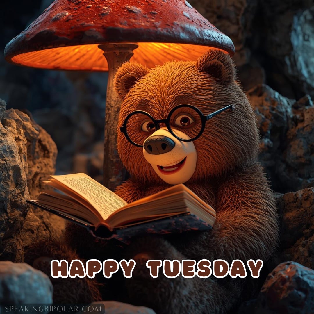 A HAPPY cartoon BROWN bear wearing reading glasses, sitting under a cozy mushroom lamp and intently reading from a large, open book