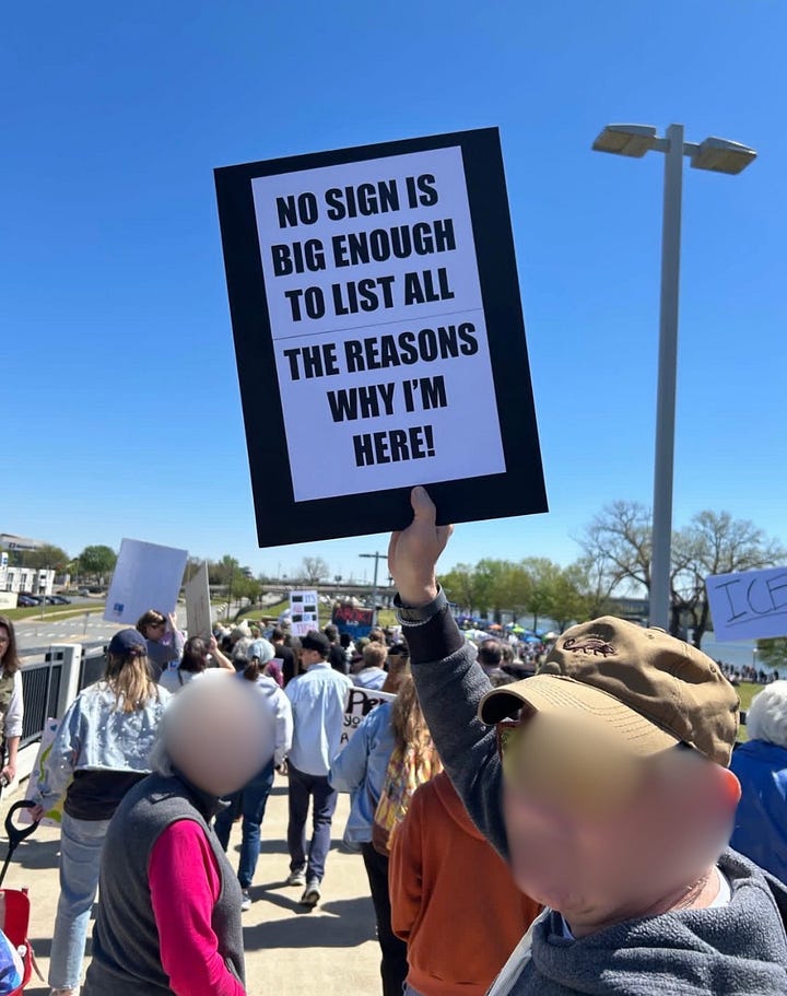 From top left: A group of marchers carrying American flags and No Kings signs, some of them wearing frog costumes. Marchers curve around a glass building. A highway overpass lined with protesters. a protester mid-march following a large crowd displays a sign to the camera "No Sign is Big Enough to List All The Reasons Why I'm Here."