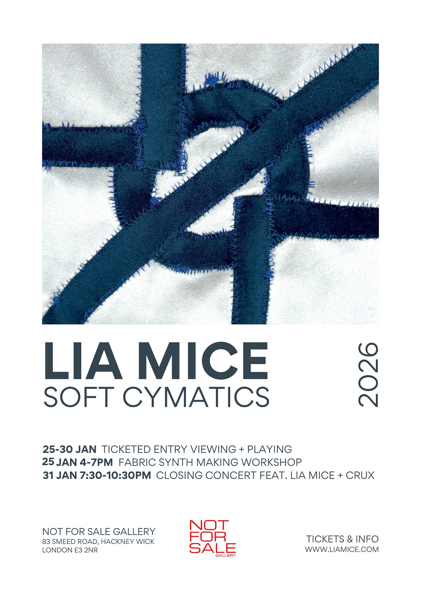 The show poster for Soft Cymatics. it says Lia Mice 2026. 25 to 31 january visit the exhibition, 25 january fabric synth building workshop, 31 january closing party. tickets available at www.liamice.com