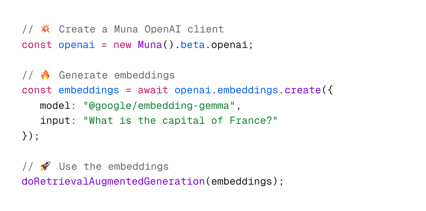 JavaScript code showing how creating embeddings with Muna's mock OpenAI client looks very similar to the official OpenAI client.